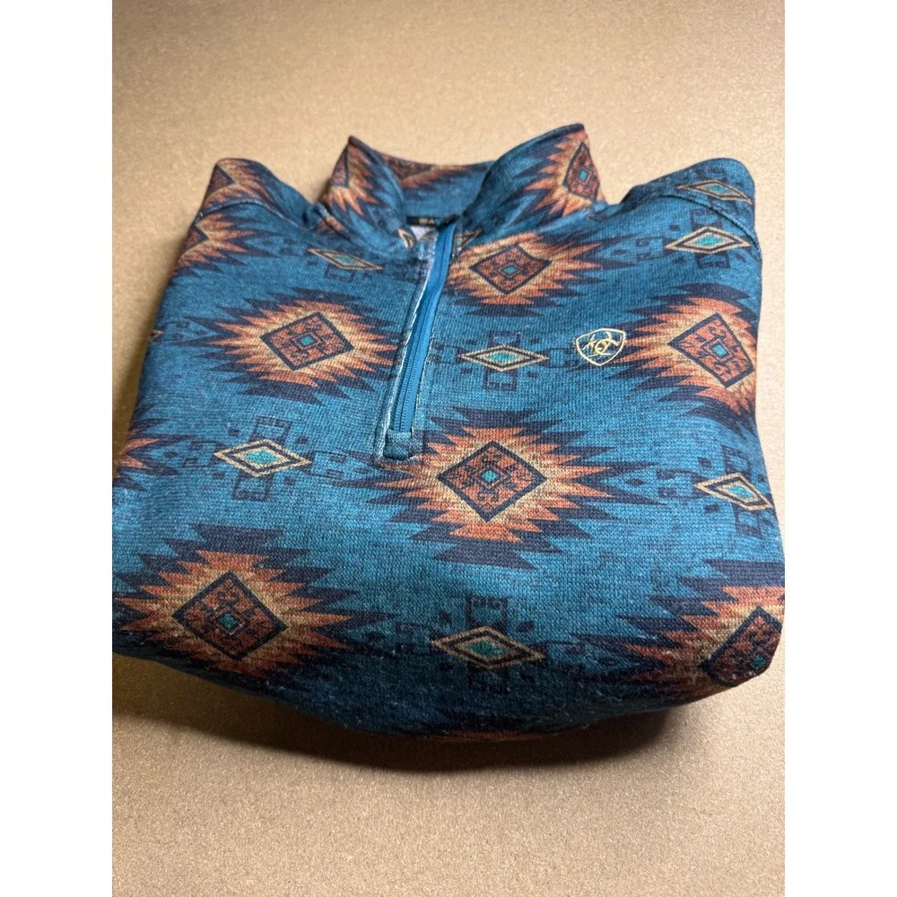 Ariat Mens Large Teal Blue Aztec Southwestern Quarter Zip Fleece Pullover Jacket